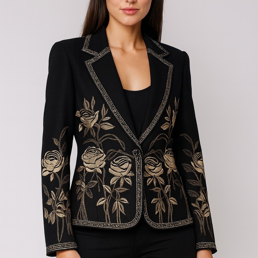 Vtg Peter Nygard Embroidered Floral Wool Blend Blazer Sz L boho classic western